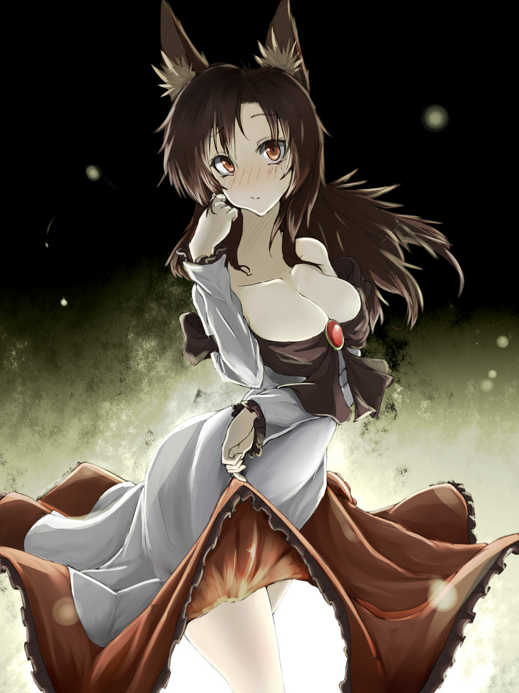 1girl animal_ears backlighting blush breasts brooch brown_hair cleavage collarbone dark dress dress_lift frilled_dress frills grass grey_dress hand_in_hair highres imaizumi_kagerou jewelry large_breasts light_particles long_neck long_sleeves looking_at_viewer multicolored_dress off_shoulder red_dress red_eyes smile solo thighs touhou watchi wolf_ears