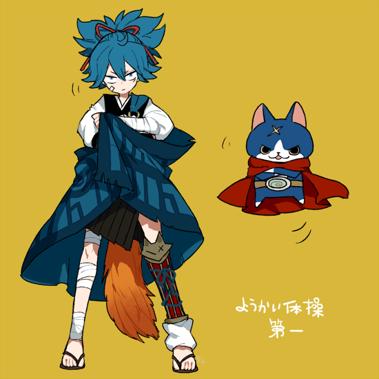 bandages blue_eyes blue_hair cape cat crossed_arms crossover full_body fuyunyan l_hakase looking_at_viewer no_socks sandals sayo_samonji scar simple_background standing touken_ranbu translation_request youkai youkai_watch
