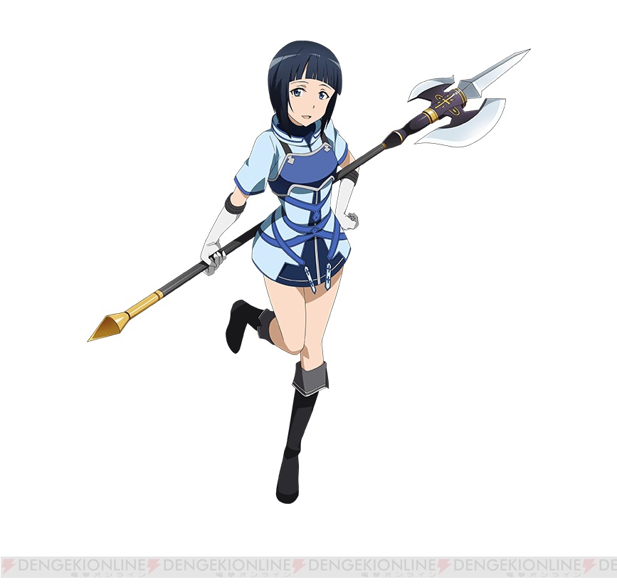 1girl bangs black_boots black_hair blue_eyes blunt_bangs boots elbow_gloves full_body gloves halberd hand_on_hip holding holding_weapon knee_boots looking_at_viewer open_mouth polearm sachi_(sao) short_hair simple_background solo standing standing_on_one_leg sword_art_online sword_art_online:_code_register weapon white_background white_gloves