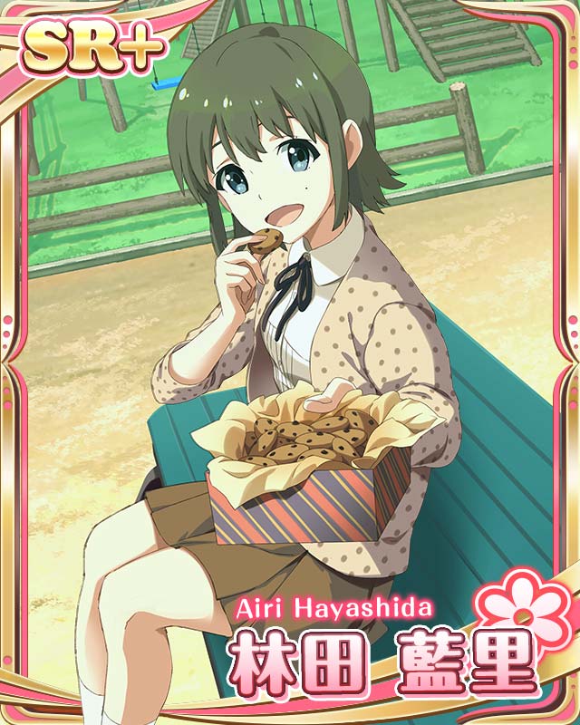 1girl :d bench blue_eyes card_(medium) character_name chocolate_chip_cookie cookie dutch_angle food green_hair hayashida_airi looking_at_viewer mole mole_under_eye official_art open_mouth outdoors playground ribbon short_hair sitting skirt smile solo swing_set wake_up_girls! wake_up_girls!_stage_no_tenshi