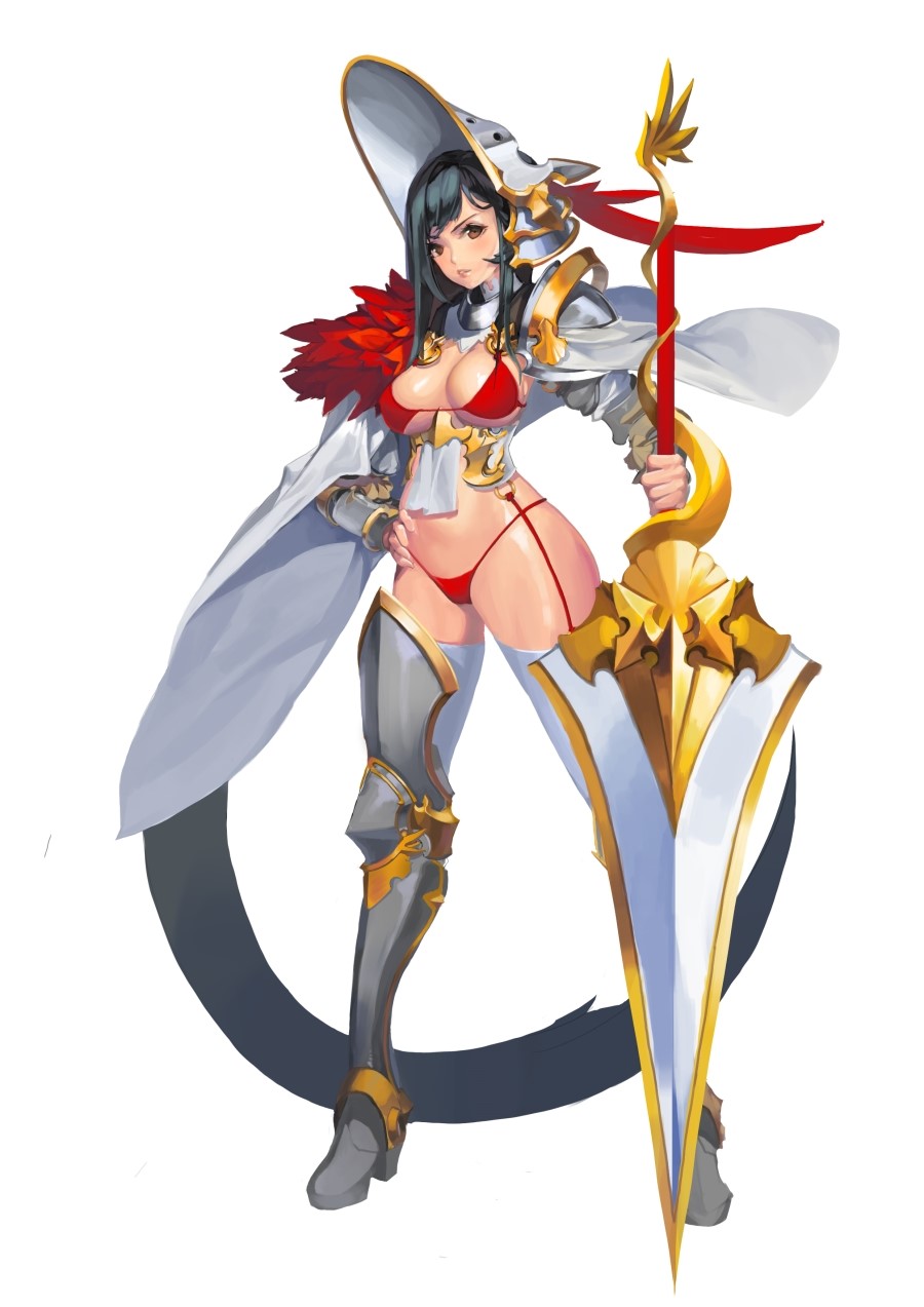 1girl acid_g armor bikini bikini_armor black_hair breasts brown_eyes fur_trim garter_straps greaves hand_on_hip helm helmet highres lance lips long_hair original parted_lips pauldrons polearm red_bikini simple_background solo swimsuit thigh-highs weapon white_background white_legwear