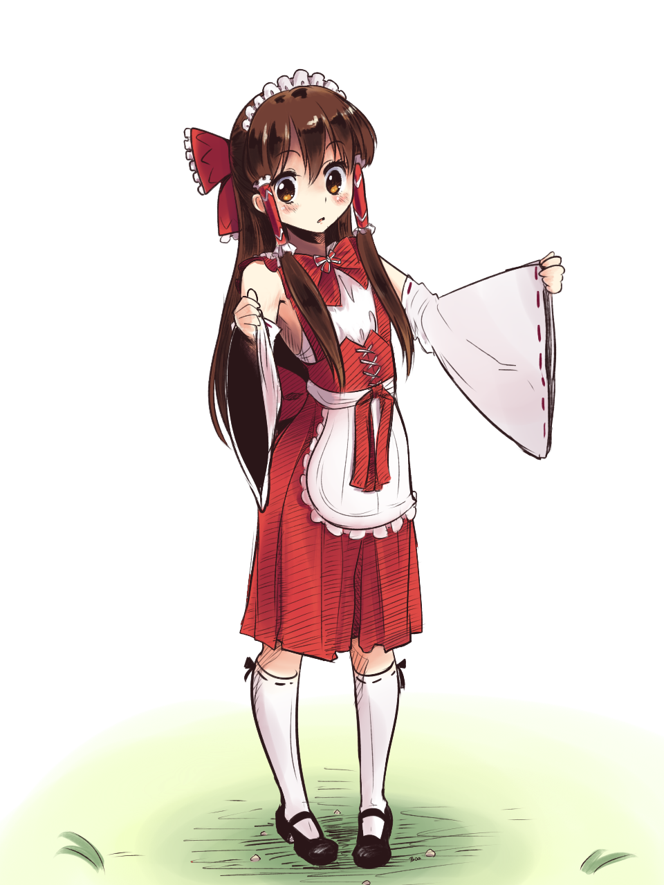 1girl adapted_costume alternate_costume apron arms_up black_shoes blush boa_(4chan) bow brown_eyes brown_hair detached_sleeves enmaided full_body grass ground hair_bow hair_tubes hakama_skirt hakurei_reimu head_tilt highres kneehighs long_hair looking_down maid maid_apron maid_headdress mary_janes pebble pigeon-toed red_skirt ribbon-trimmed_legwear ribbon-trimmed_sleeves ribbon_trim sarashi shoes skirt sleeveless solo touhou very_long_hair white_background