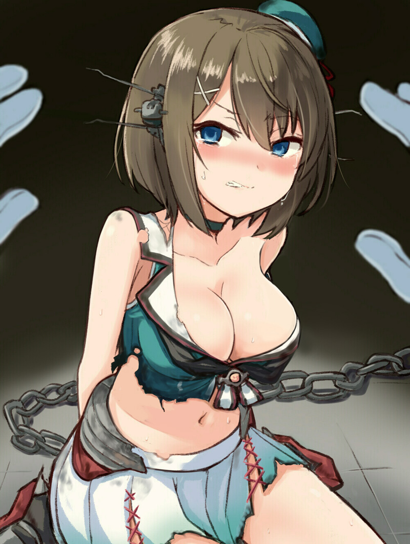 1girl arms_behind_back bare_shoulders beret blush breasts brown_hair burnt_clothes chain choker cleavage clenched_teeth collarbone crop_top dark_room empty_eyes engiyoshi gradient_skirt hair_ornament hairclip hat headgear kantai_collection large_breasts looking_at_viewer maya_(kantai_collection) midriff mini_hat neckerchief pleated_skirt pov restrained sailor_collar short_hair sitting skirt sweat tears torn_clothes