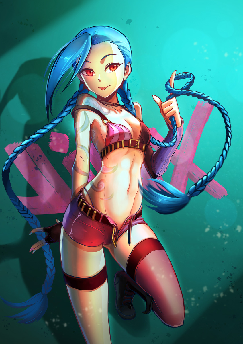 1girl :p alonsword bikini_top blue_hair braid highres jinx_(league_of_legends) league_of_legends long_hair midriff mismatched_legwear mound_of_venus nail_polish navel playing_with_own_hair red_eyes short_shorts shorts small_breasts solo tattoo thigh-highs tongue tongue_out