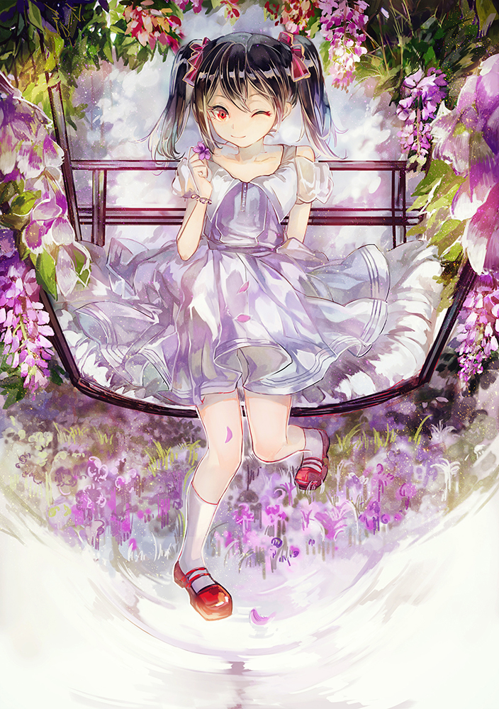 1girl black_hair bracelet dress flower from_above hair_ribbon jewelry love_live!_school_idol_project one_eye_closed outdoors petals red_eyes red_shoes ribbon shoes sitting smile socks solo twintails vima water wisteria yazawa_nico