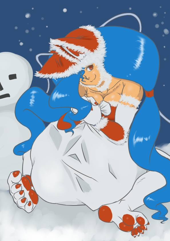 1girl animal_ears bare_shoulders big_hair blue_hair breasts cat_ears christmas claws cleavage collarbone felicia hair_over_one_eye hat long_hair mono_(monotonerhythm) paws red_eyes sack santa_hat smile solo tan vampire_(game) very_long_hair