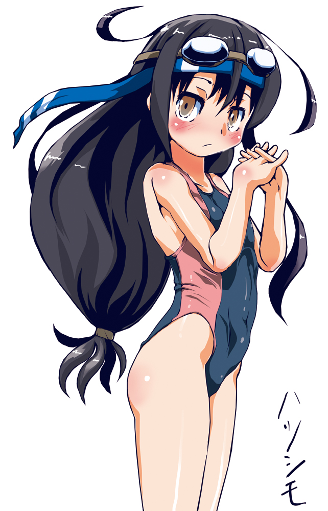 1girl black_hair brown_eyes competition_swimsuit goggles goggles_on_head hatsushimo_(kantai_collection) headband kantai_collection long_hair one-piece_swimsuit standing sukiyo swimsuit