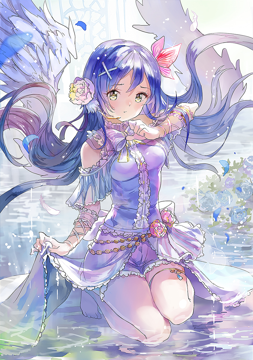 1girl 77gl angel_wings arm_ribbon arm_strap bare_shoulders barefoot blue_hair butterfly_hair_ornament dress feathers flower hair_flower hair_ornament hairclip highres kneeling long_hair looking_at_viewer love_live!_school_idol_project purple_dress see-through shorts_under_skirt solo sonoda_umi thigh_strap very_long_hair water wet wet_clothes wet_dress wings yellow_eyes