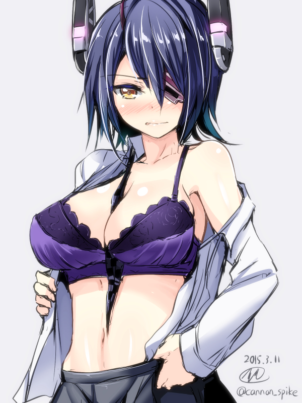 1girl between_breasts bra breasts brown_eyes cleavage eyepatch gin'ichi_(akacia) hair_ornament kantai_collection large_breasts long_sleeves looking_at_viewer midriff navel necktie necktie_between_breasts off_shoulder open_clothes open_shirt purple_bra purple_hair skirt solo tenryuu_(kantai_collection) underwear