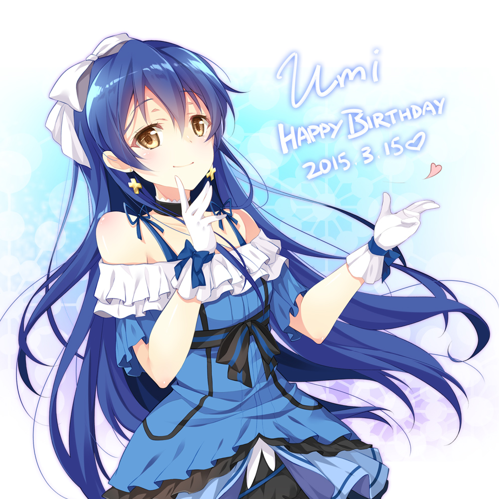 1girl bangs blue_hair dated dress earrings gloves hair_ribbon happy_birthday jewelry kira-kira_sensation! long_hair looking_at_viewer love_live!_school_idol_project mocha_(naturefour) off_shoulder ribbon smile solo sonoda_umi white_gloves yellow_eyes