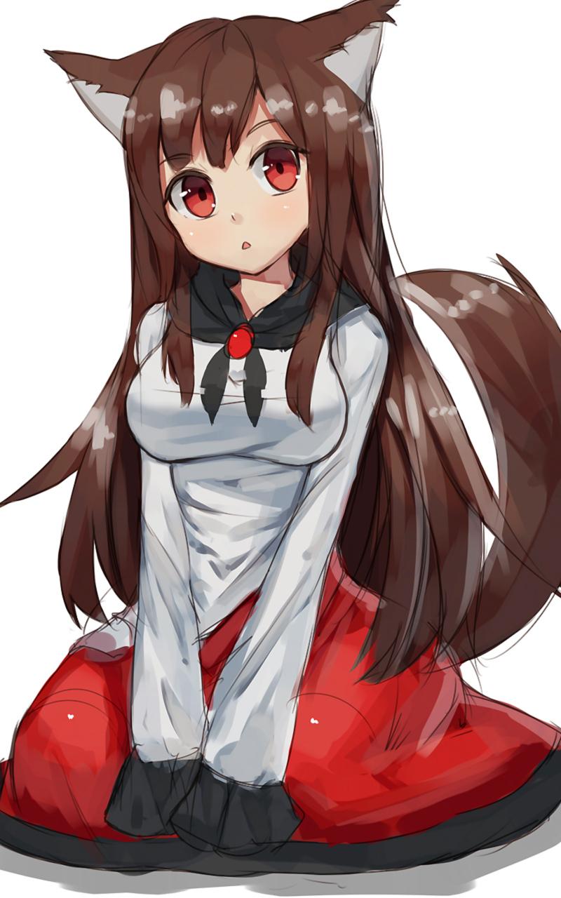 1girl animal_ears brown_hair colored dress highres imaizumi_kagerou jewelry long_hair long_sleeves looking_at_viewer open_mouth red_eyes shone simple_background sitting sketch solo tail touhou white_background wolf_ears wolf_tail