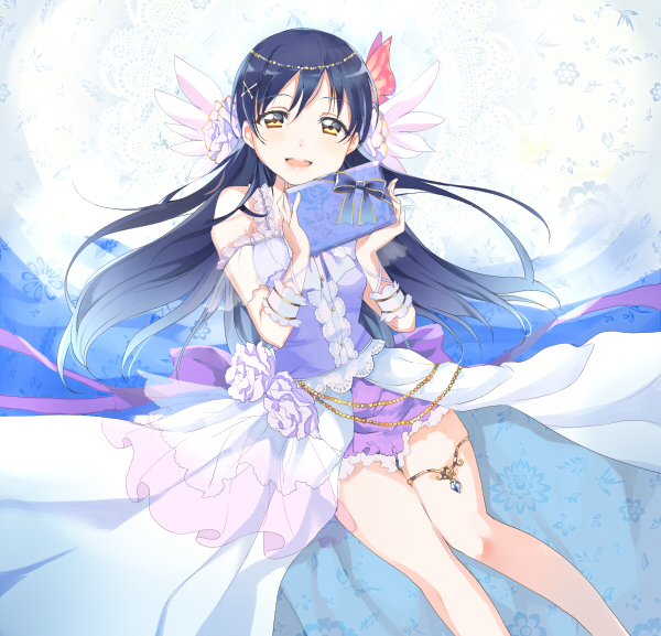 1girl blue_hair blush bow box dress gift hair_ornament long_hair looking_at_viewer love_live!_school_idol_project open_mouth smile solo sonoda_umi ume_(plumblossom) yellow_eyes