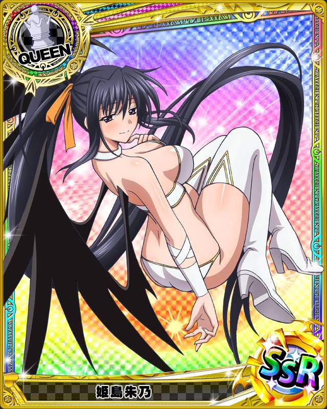 1girl ass blush boots breasts choker demon_wings finger_to_face high_school_dxd himejima_akeno knee_boots knight_(chess) large_breasts long_hair official_art orange_ribbon over-kneehighs panties ponytail rainbow_background rainbow_text ribbon smile solo thigh-highs thigh_boots thighs trading_cards underwear very_long_hair white_legwear wings