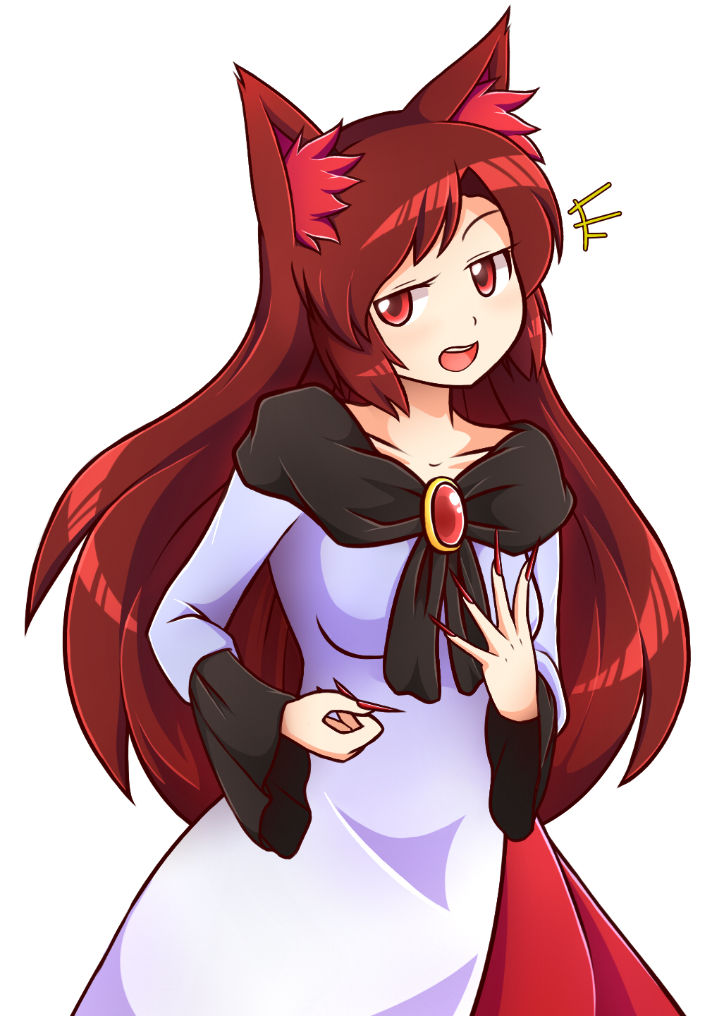 +++ 1girl :d animal_ears brooch brown_hair collarbone double_dealing_character dress expressions fingernails gameplay_mechanics highres imaizumi_kagerou jewelry long_fingernails long_hair long_sleeves looking_at_viewer open_mouth red_eyes red_nails sharp_fingernails shirt skirt smile smug solo tail touhou very_long_hair werewolf wide_sleeves wolf_ears wool_(miwol)