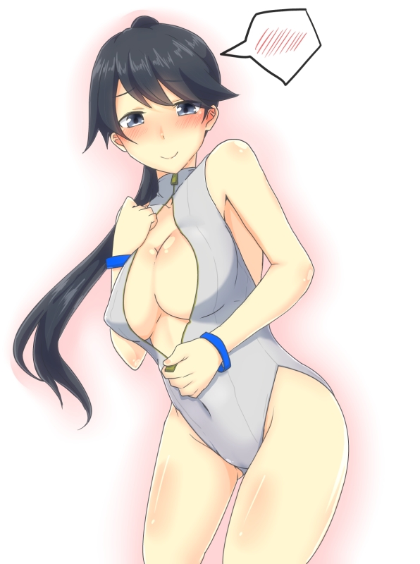 1girl black_hair blue_eyes blush breasts cleavage front_zipper_swimsuit houshou_(kantai_collection) i_b_b_e kantai_collection long_hair looking_at_viewer one-piece_swimsuit ponytail solo spoken_blush swimsuit wristband