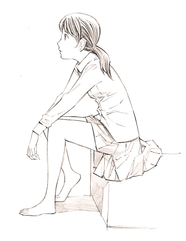 1girl barefoot monochrome original school_uniform sketch solo traditional_media yoshitomi_akihito