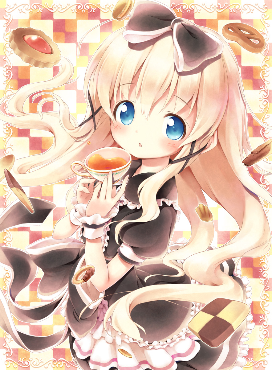 1girl :o aikei_ake blonde_hair blue_eyes blush bow checkerboard_cookie cookie cup dress food hair_bow highres lolita_fashion original solo standing tea teacup wrist_cuffs