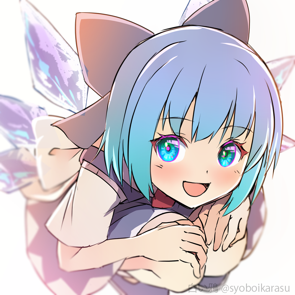 1girl :d artist_name bangs blue_bow blue_dress blue_hair blurry blurry_background blush bow cirno depth_of_field dress from_above hair_bow ice ice_wings knees knees_together_feet_apart looking_at_viewer open_mouth shiroi_karasu short_hair short_sleeves simple_background smile squatting touhou watermark white_background wings