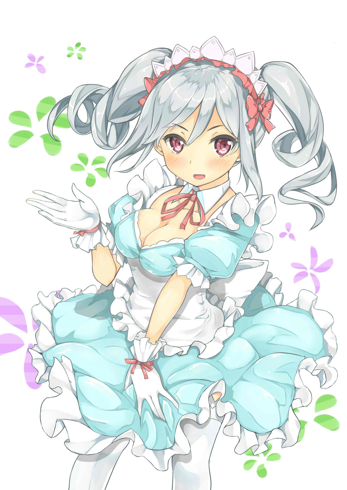 1girl blush breasts cleavage detached_collar dress drill_hair frills gloves hair_ribbon highres idolmaster idolmaster_cinderella_girls kanzaki_ranko long_hair maid maid_headdress open_mouth red_eyes ribbon silver_hair solo thigh-highs twin_drills twintails white_gloves white_legwear yuuri_(sinjitu-no-yukue)