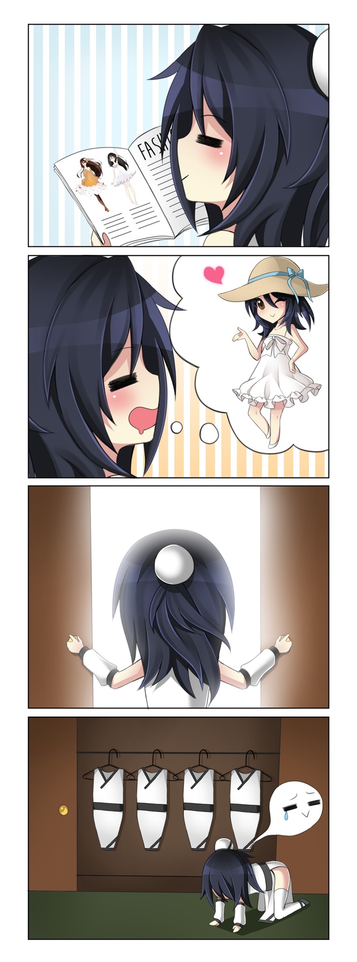 1girl 4koma :&gt; =_= =v= all_fours alternate_costume black_hair brown_eyes comic detached_sleeves dress fashion hat heart highres karla_featherstone magazine official_art one_eye_closed open_eyes open_mouth orz silent_comic smile solo sun_hat sundress thigh-highs vinty wardrobe without_within