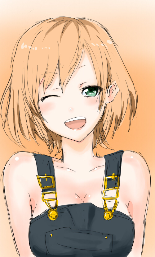 1girl ;d breasts brown_hair cleavage green_eyes miyamori_aoi naked_overalls one_eye_closed open_mouth overalls shirobako short_hair smile solo upper_body