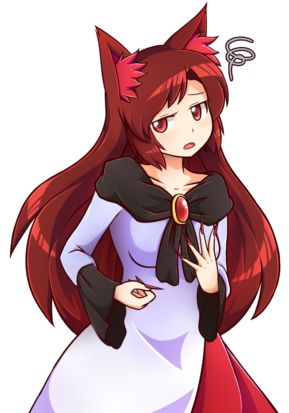 1girl animal_ears brooch brown_hair collarbone d: double_dealing_character dress expressions fingernails frown gameplay_mechanics highres imaizumi_kagerou jewelry long_fingernails long_hair long_sleeves looking_at_viewer open_mouth red_eyes red_nails sharp_fingernails shirt skirt solo spoken_squiggle squiggle tail touhou very_long_hair werewolf wide_sleeves wolf_ears wool_(miwol)