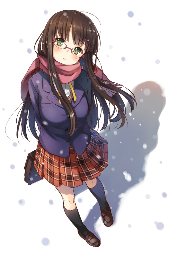 1girl arms_behind_back bag black_legwear blush breasts brown_hair full_body glasses green_eyes kneehighs kurasawa_moko loafers long_hair looking_at_viewer original plaid plaid_skirt pleated_skirt red-framed_glasses scarf school_bag school_uniform shadow shoes skirt snow solo standing