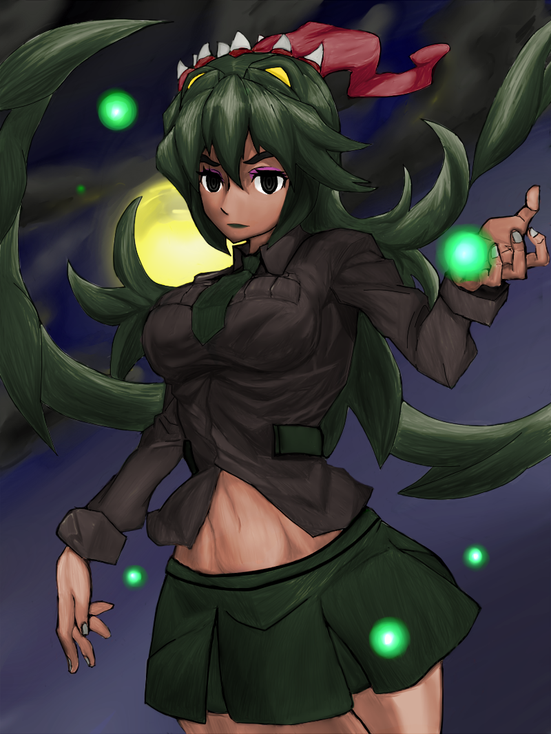 1girl breasts brown_eyes dark_skin energy_ball eyeshadow fukua_(skullgirls) full_moon glowing goat_(121516haihun) green_hair green_lipstick large_breasts lipstick living_hair long_hair long_tongue makeup moon navel necktie night ringed_eyes school_uniform shamone_(skullgirls) skullgirls solo thigh-highs toned tongue