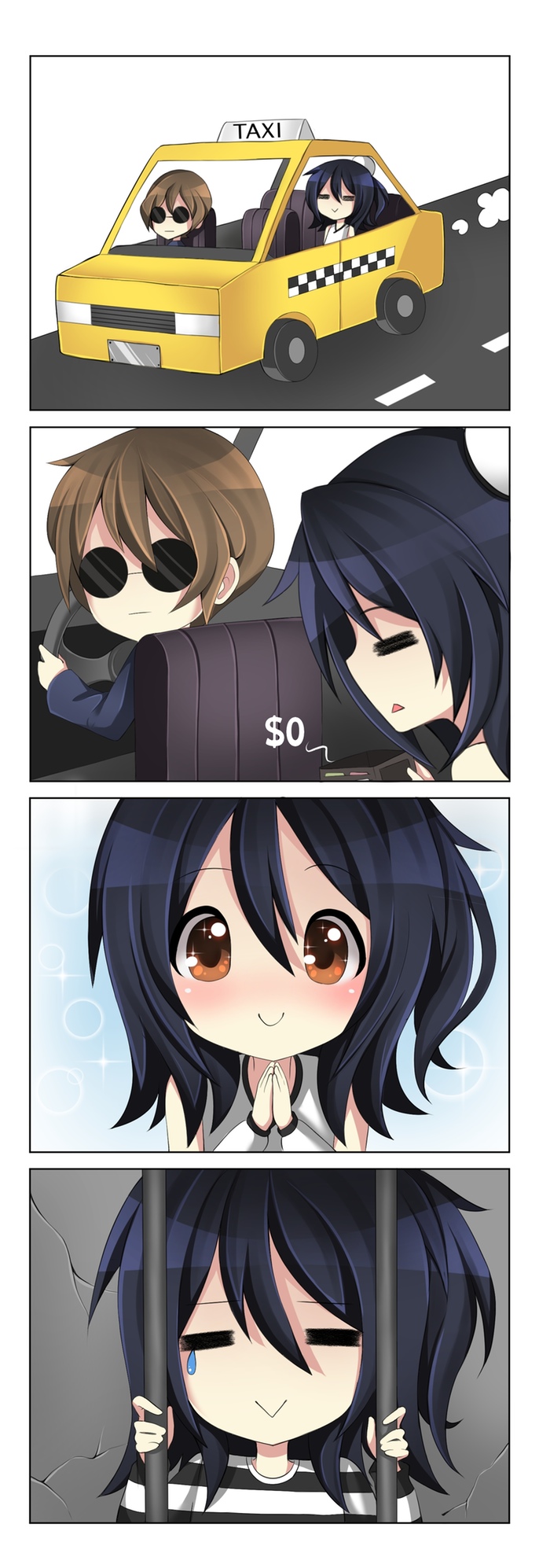 4koma :&gt; :&lt; =^= =_= =v= alternate_costume bars black_hair brown_eyes brown_hair character_request chibi comic detached_sleeves hands_together highres horizontal_stripes karla_featherstone looking_at_viewer looking_back official_art open_eyes prison prison_cell prison_clothes road silent_comic smile sparkle spoilers sunglasses taxi teardrop triangle_mouth vinty wallet wide-eyed without_within