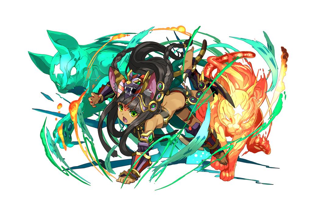 1girl animal_ears barefoot bastet_(p&amp;d) black_hair braid cat_ears cat_tail dark_skin fang green_eyes hair_ornament headdress official_art open_mouth puzzle_&amp;_dragons solo star tail twin_braids