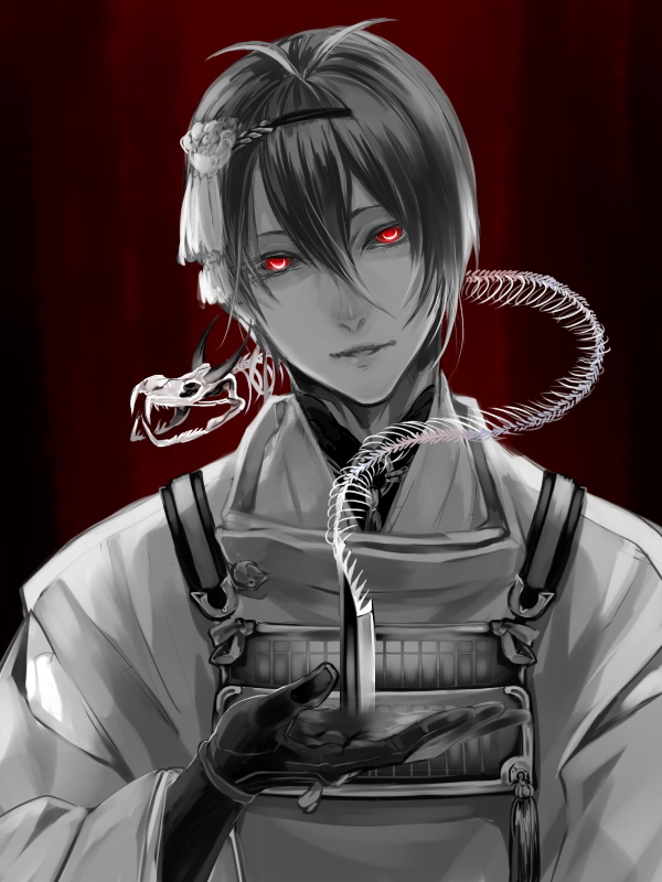 1boy gloves historical_revisionist japanese_clothes looking_at_viewer male_focus mikazuki_munechika monochrome red_background red_eyes sayagata short_hair simple_background skeleton solo spot_color sword touken_ranbu unmoving_pattern upper_body weapon white_background zuwai_kani