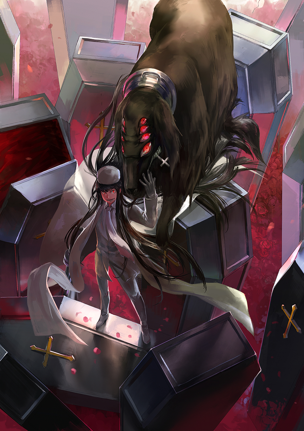 1girl alucard_(hellsing) black_hair coffin cross flower formal from_above full_body girlycard gloves grin hat hellsing hellsing:_the_dawn highres kzcjimmy long_hair looking_at_viewer monster necktie open_mouth petals red_eyes rose scarf smile solo teeth very_long_hair white_scarf