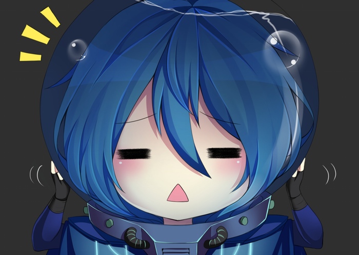 /\/\/\ 1girl :&lt; =^= =_= bermuda bermuda_(invertmouse) blue_hair chibi cosplay fingerless_gloves gloves karla_featherstone official_art open_mouth simple_background solo space_helmet triangle_mouth vinty water without_within