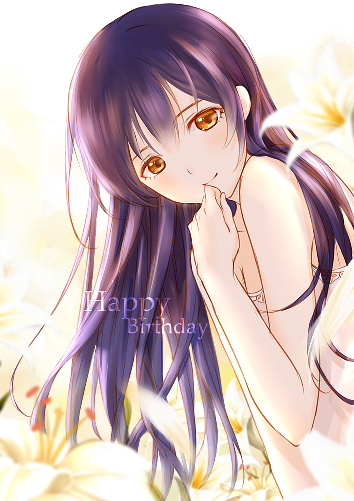 1girl bare_shoulders blue_hair blurry clouble depth_of_field dress flower hand_to_own_mouth happy_birthday long_hair looking_at_viewer love_live!_school_idol_project orange_eyes smile solo sonoda_umi sundress