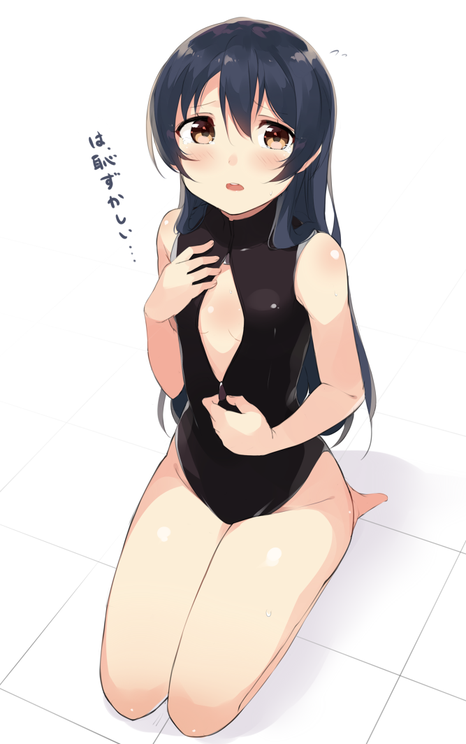 1girl black_hair brown_eyes flat_chest front_zipper_swimsuit long_hair love_live!_school_idol_project one-piece_swimsuit seiza sitting sonoda_umi swimsuit totoki86