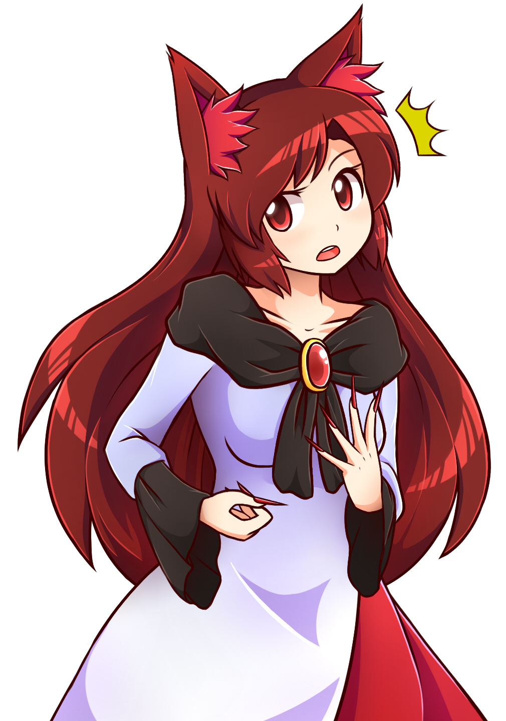 /\/\/\ 1girl animal_ears brooch brown_hair collarbone d: double_dealing_character dress expressions fingernails gameplay_mechanics highres imaizumi_kagerou jewelry long_fingernails long_hair long_sleeves open_mouth red_eyes red_nails shirt skirt solo surprised tail touhou very_long_hair werewolf wide_sleeves wolf_ears wool_(miwol)