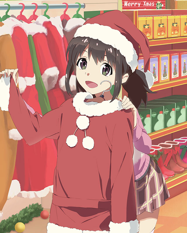 1girl :d brown_eyes brown_hair christmas clothes cowboy_shot hat katayama_minami leaning_forward long_hair looking_at_viewer official_art open_mouth plaid plaid_skirt ponytail santa_costume santa_hat short_hair skirt smile solo thigh-highs wake_up_girls! wake_up_girls!_stage_no_tenshi