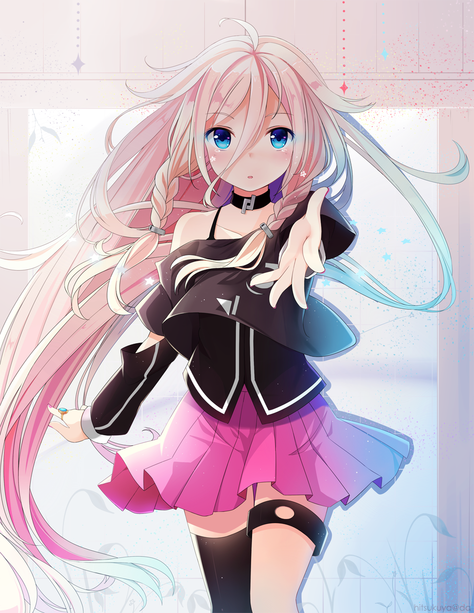 1girl bare_shoulders blue_eyes blush braid choker highres hitsukuya ia_(vocaloid) jewelry long_hair looking_at_viewer off_shoulder pink_hair pink_skirt reaching_out ring single_thighhigh skirt solo thigh-highs thigh_strap twin_braids very_long_hair vocaloid