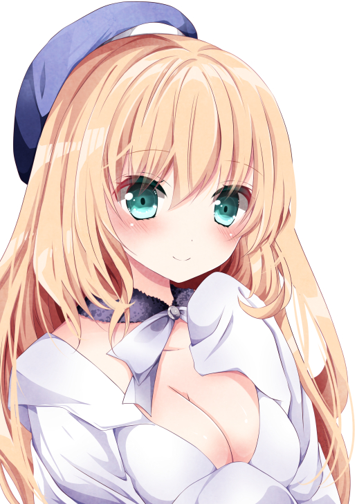 1girl atago_(kantai_collection) blonde_hair blush breasts cleavage green_eyes hat kantai_collection large_breasts long_hair looking_at_viewer nanase_nao open_clothes open_shirt smile solo upper_body