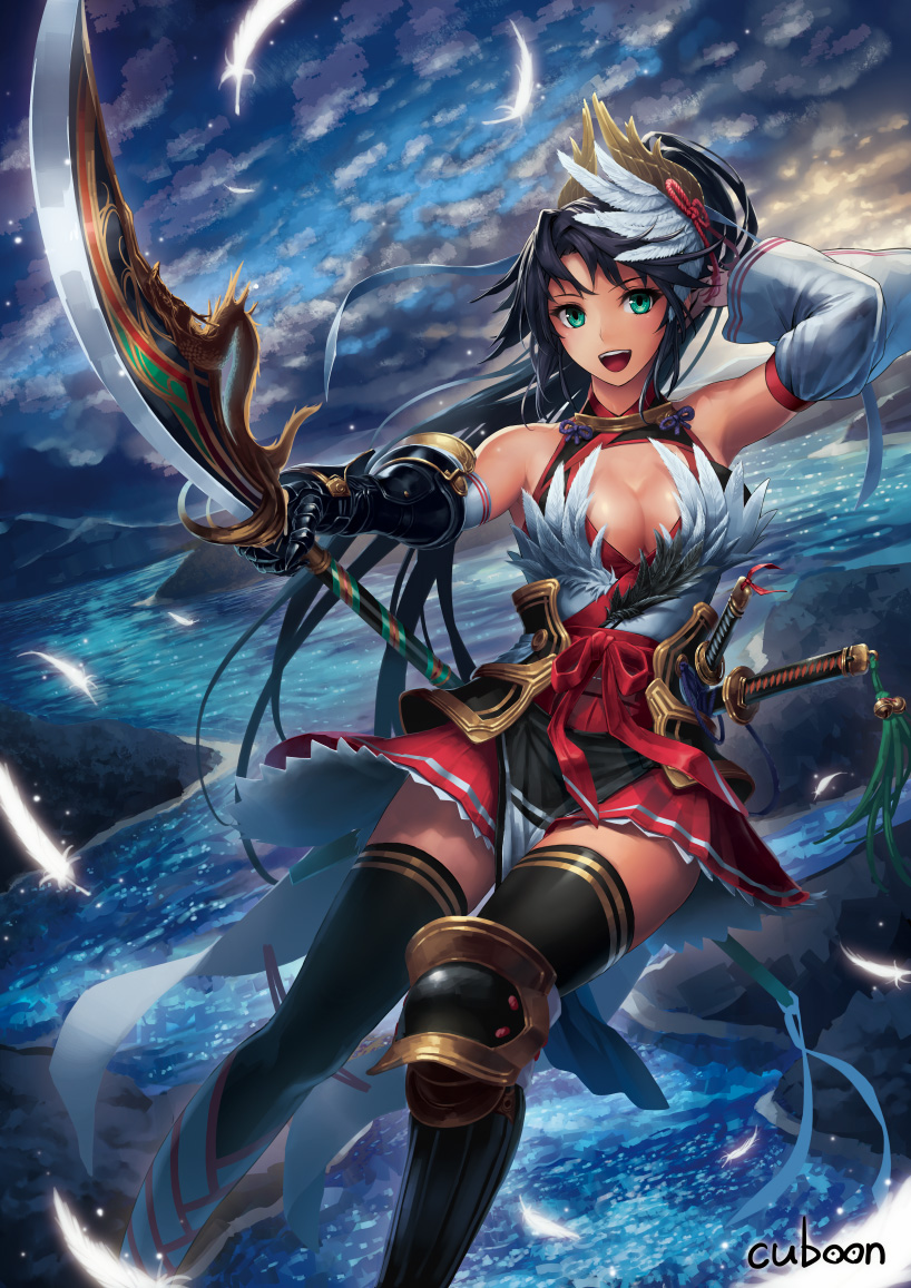 1girl :d black_hair breasts cleavage clouds cloudy_sky detached_sleeves feathers flying green_eyes hair_tucking headgear katana knee_pads mismi open_mouth original polearm ponytail sky smile spear sword thigh-highs weapon