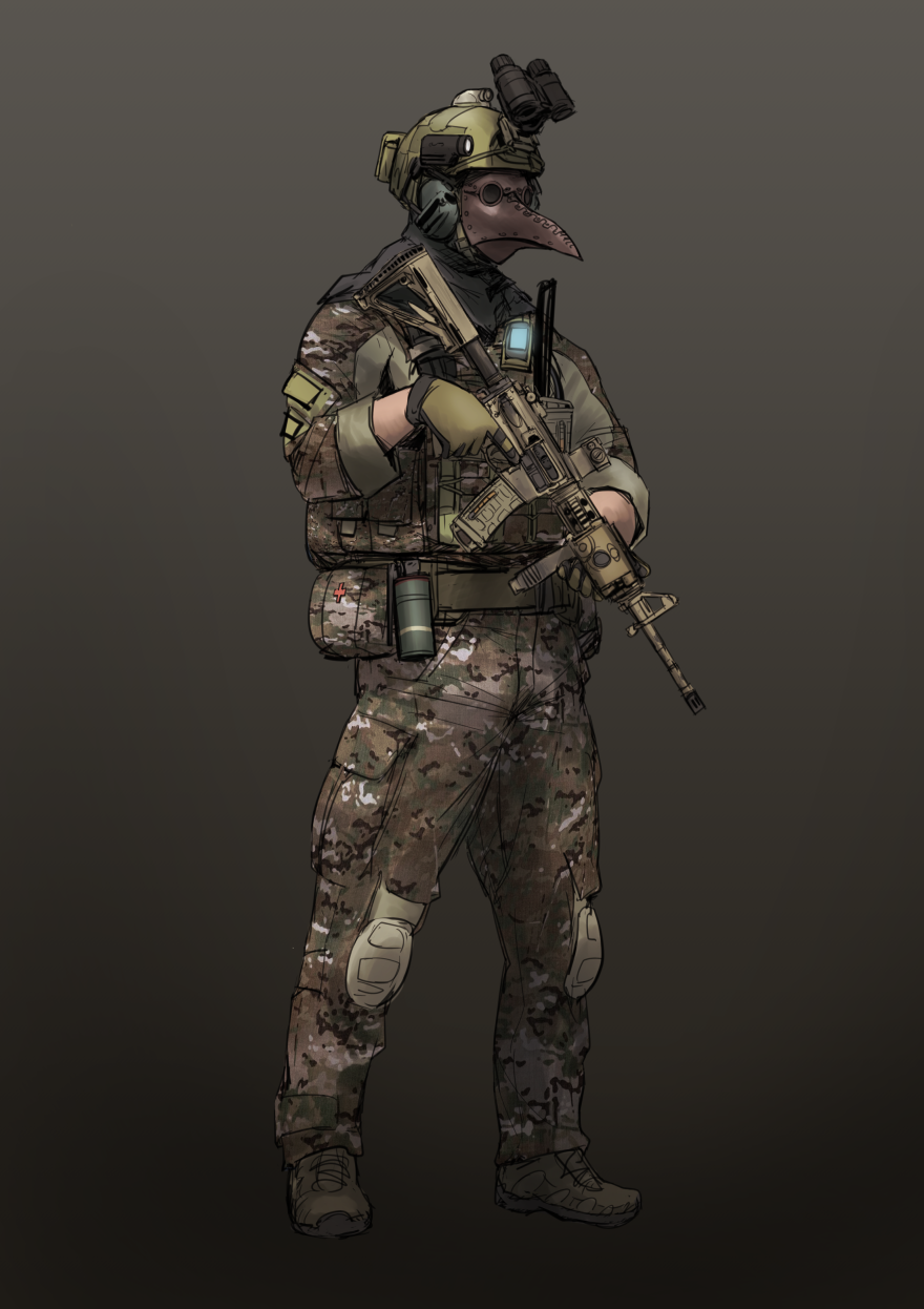 1boy assault_rifle boots camouflage didloaded gun hat headphones helmet highres knee_pads load_bearing_vest mask military military_hat military_uniform night_vision_device operator original rifle scope simple_background smoke_grenade solo tagme trigger_discipline uniform vertical_foregrip walkie-talkie weapon woodland_pattern