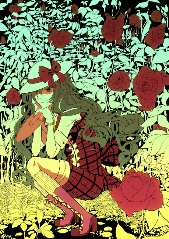 1girl adapted_costume black_background boots bow chin_rest collared_shirt colored_eyelashes cross-laced_footwear flower gloves grass green_hair hat hat_bow high_heel_boots high_heels kazami_yuuka kazami_yuuka_(pc-98) kneehighs lace-up_boots long_hair looking_at_viewer maro4 nature necktie plaid plaid_pants plaid_vest pointy_nose rose short_sleeves shovel skinny smile socks solo spot_color squatting touhou touhou_(pc-98) very_long_hair worktool