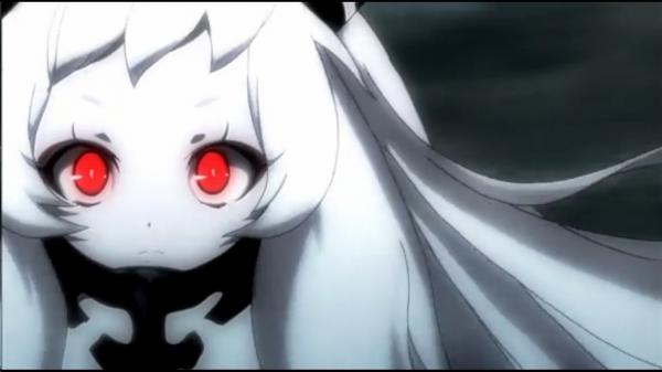 airfield_hime glowing glowing_eyes kantai_collection pale_skin red_eyes screencap storm_cloud stormy_waters white_hair