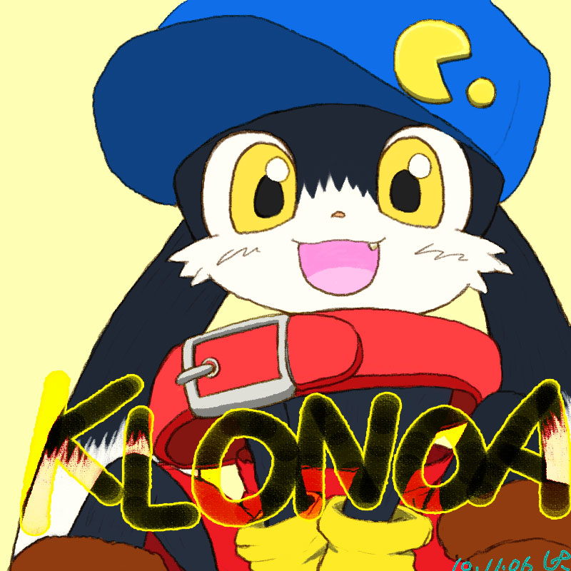 animal_ears collar gloves happy kaze_no_klonoa klonoa name_tag pac-man shoes teeth text yellow_eyes yellow_gloves