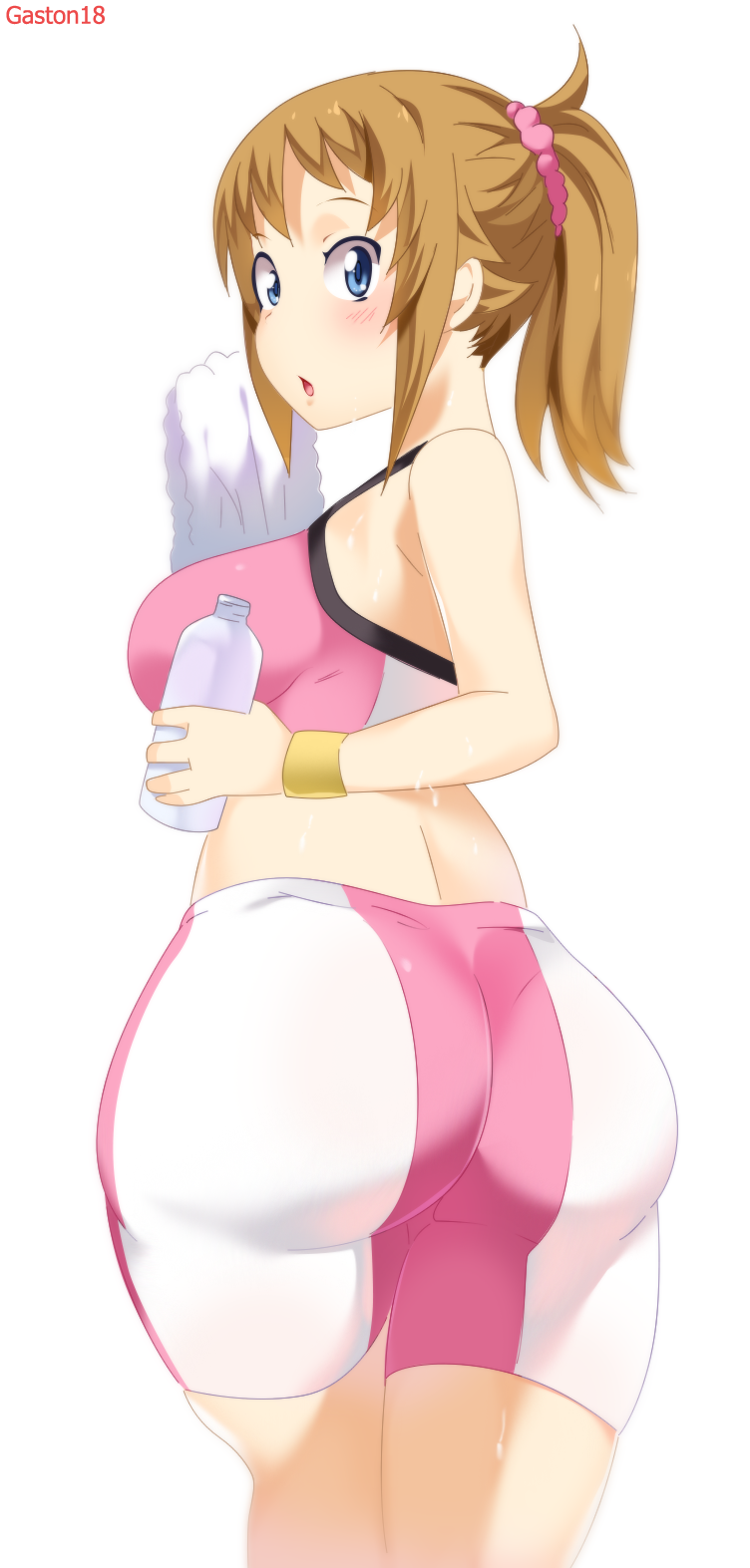 :o ass blue_eyes bottle breasts brown_hair gaston18 gundam gundam_build_fighters gundam_build_fighters_try highres hoshino_fumina large_breasts looking_at_viewer parted_lips ponytail short_hair short_shorts shorts simple_background sweat sweating thighs white_background