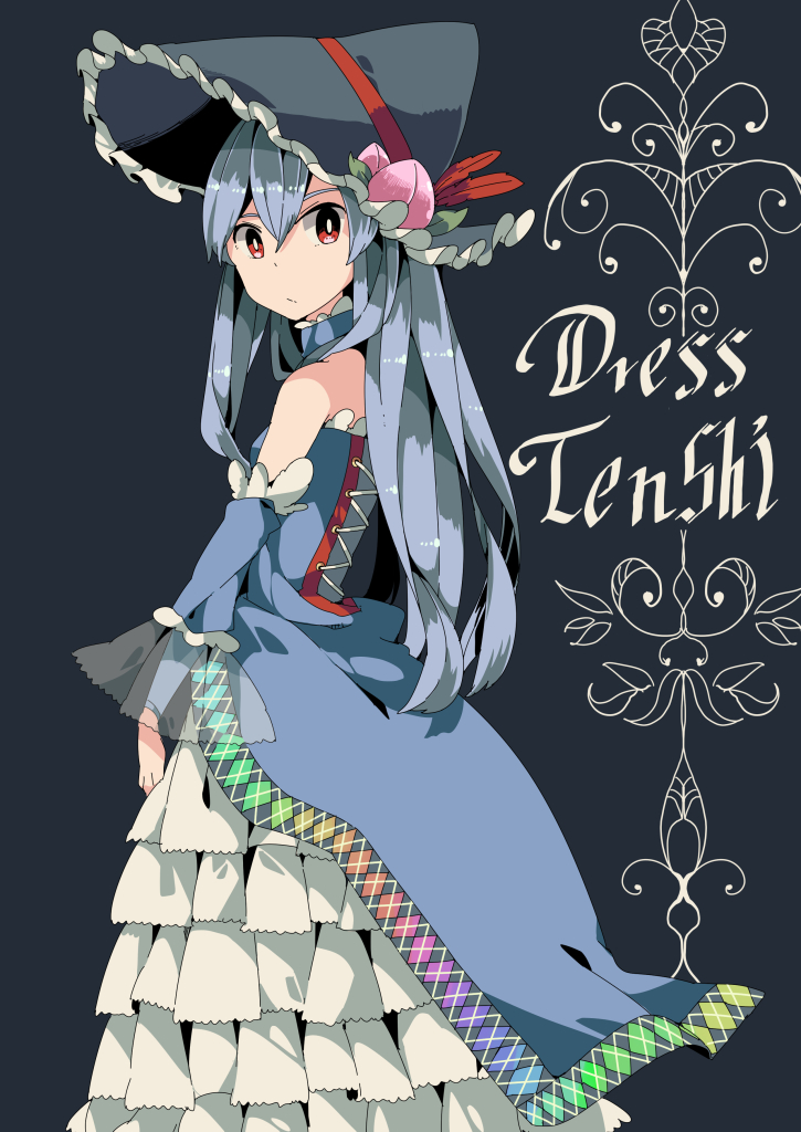 1girl adapted_costume bare_shoulders blue_hair blush bonnet character_name dress elbow_gloves english food food_on_head frilled_dress frills fruit fruit_on_head gloves hinanawi_tenshi lace-up_top long_hair looking_at_viewer object_on_head peach red_eyes solo steampunk touhou very_long_hair yoshinaga_p