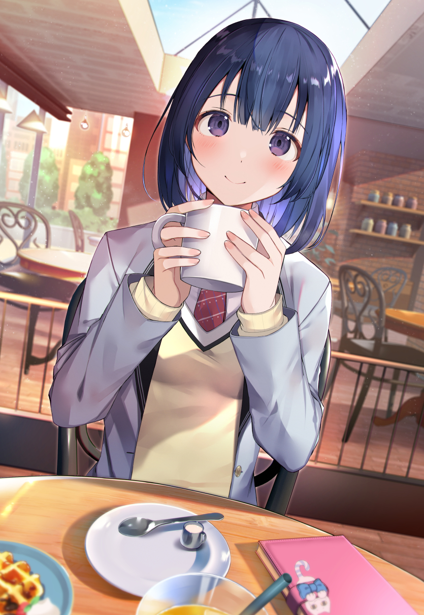 1girl banned_artist blue_hair blush book chair closed_mouth commentary_request cup fingernails highres holding holding_cup long_sleeves looking_at_viewer necktie original outdoors plate pov red_neckwear short_hair sitting smile solo spoon tetsubuta upper_body violet_eyes