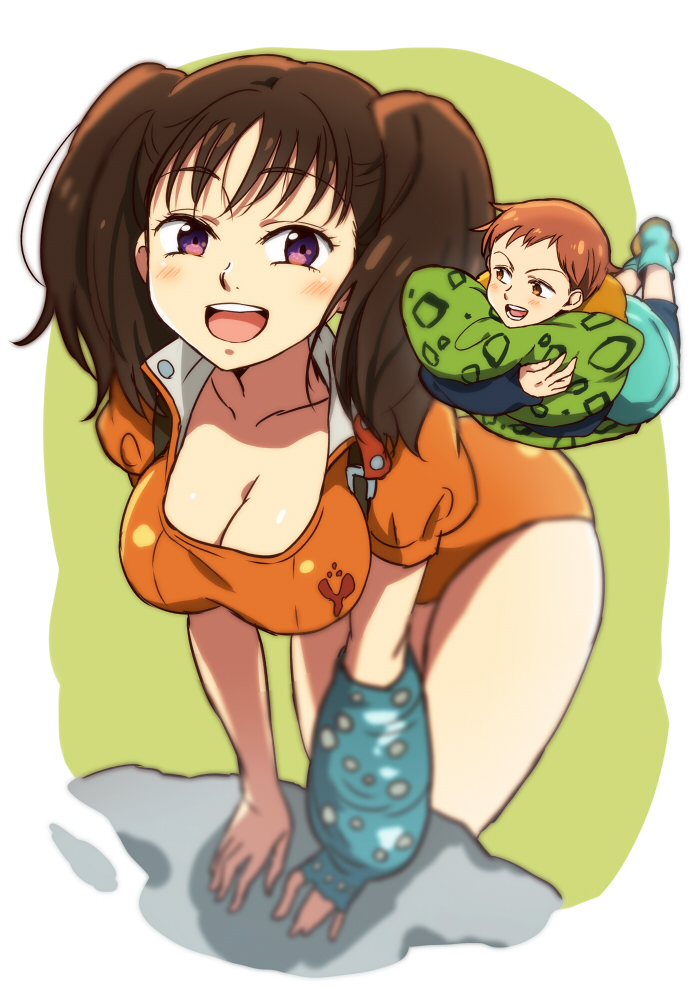 1boy 1girl :d arm_support blush boots breasts brown_eyes brown_hair buckle cleavage collarbone diane_(nanatsu_no_taizai) fingerless_gloves floating giantess gloves jacket king_(nanatsu_no_taizai) large_breasts leaning_forward leotard long_hair long_sleeves nanatsu_no_taizai open_mouth puffy_sleeves short_hair short_sleeves single_glove smile tayu_(canary-san) violet_eyes