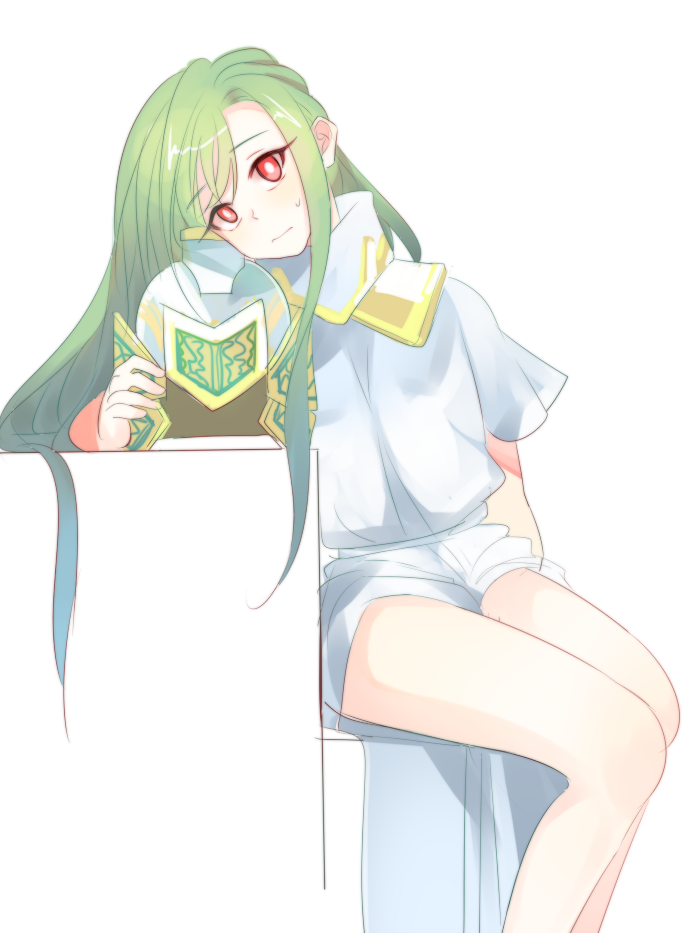 1girl athena_(p&amp;d) green_hair headwear_removed helmet helmet_removed long_hair looking_at_viewer puzzle_&amp;_dragons red_eyes ryun_c sitting solo sweatdrop