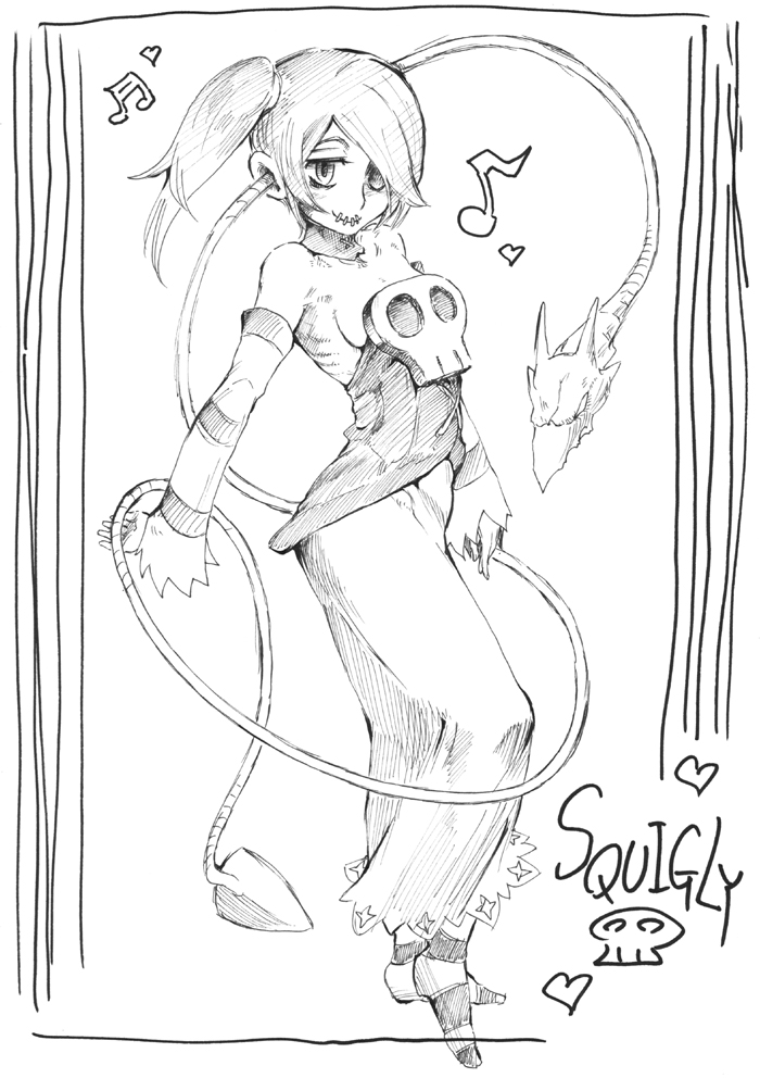 1girl artist_request breasts character_name detached_collar detached_sleeves full_body hair_over_one_eye leviathan_(skullgirls) long_hair long_skirt monochrome musical_note no_shoes side_ponytail sideboob sketch skirt skull skullgirls smile solo squigly_(skullgirls) stitched_mouth striped striped_legwear striped_sleeves zombie